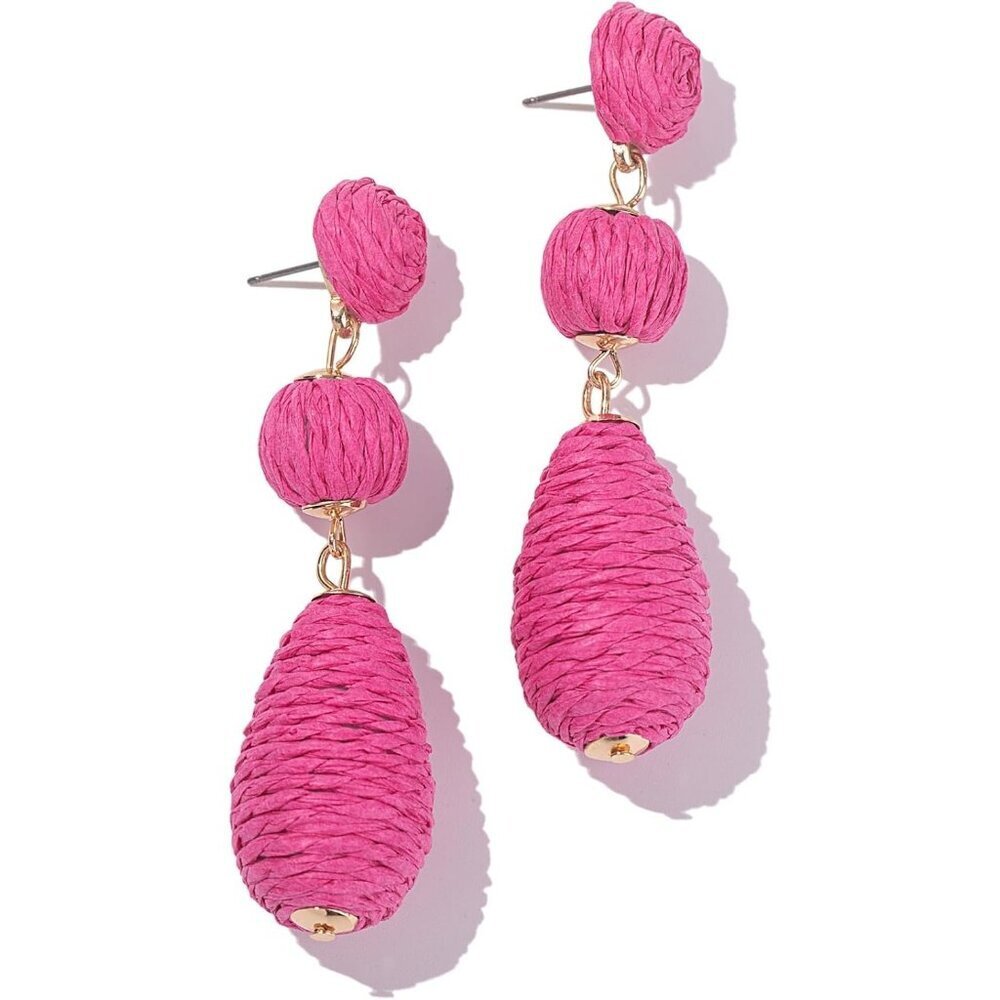 Women's Hot Pink Boho Raffia Earrings Statement Dangle Cute Teardrop Jewelry